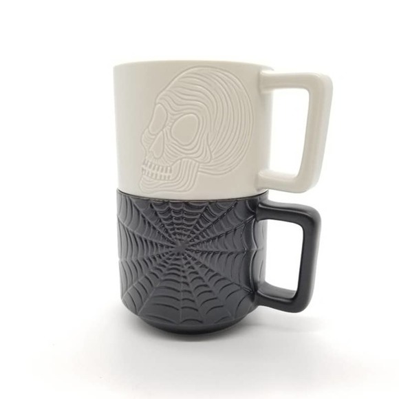 Starbucks Halloween 2019 Skull Spiderweb Set Of 2 Coffee Mugs Cups 12 oz Black